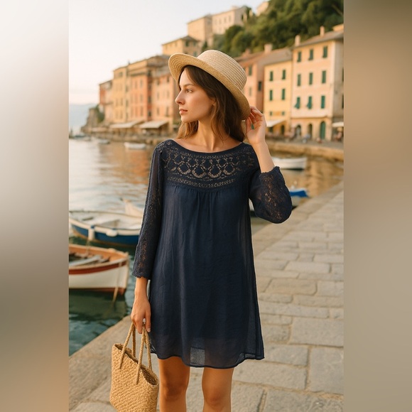 Giulia Sheer Navy Lace Dress S | Made in Italy Boho Festival Romantic Fairycore - Picture 2 of 11